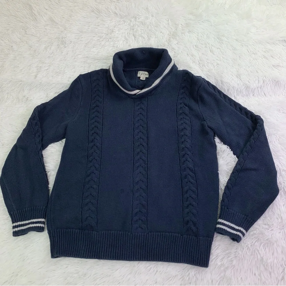 J Crew long sleeve Cotton cable-knit tipped shawl-collar sweater in‎ navy blue